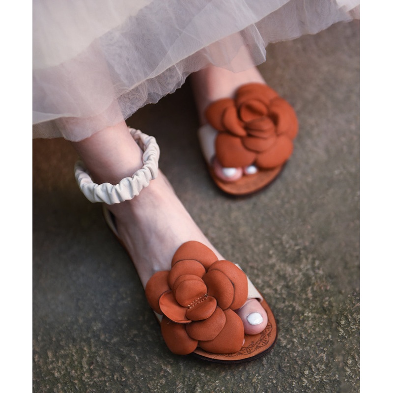 Chic Orange Cowhide Leather Flat Sandals Splicing Floral