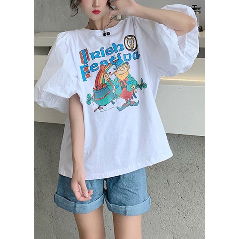 Classy White Puff Sleeve Print Cotton Tanks Summer