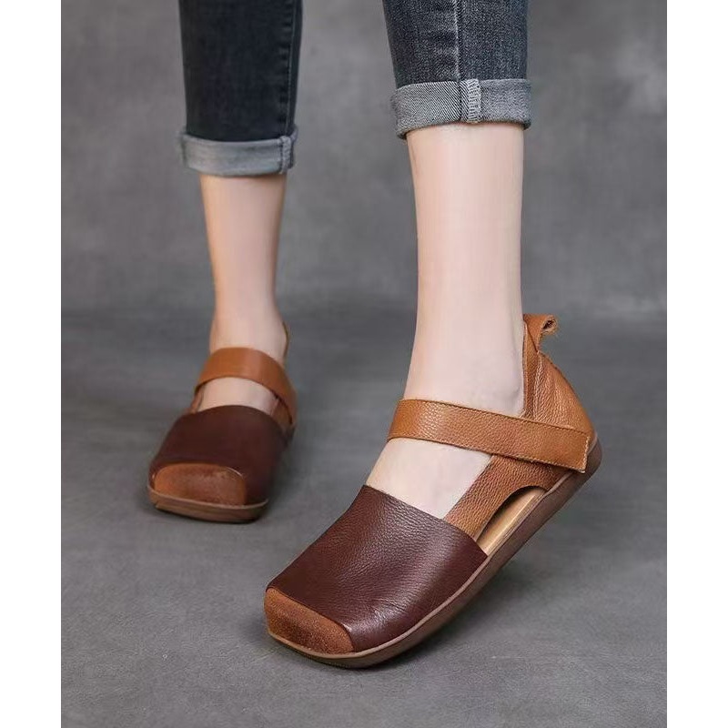 Comfy Splicing Walking Sandals Brown Faux Leather Hollow Out