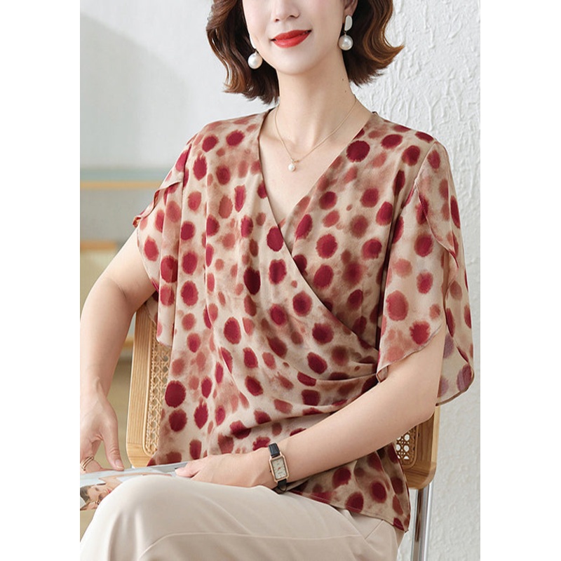 DIY Brick Red Asymmetrical Print Chiffon Shirts Summer