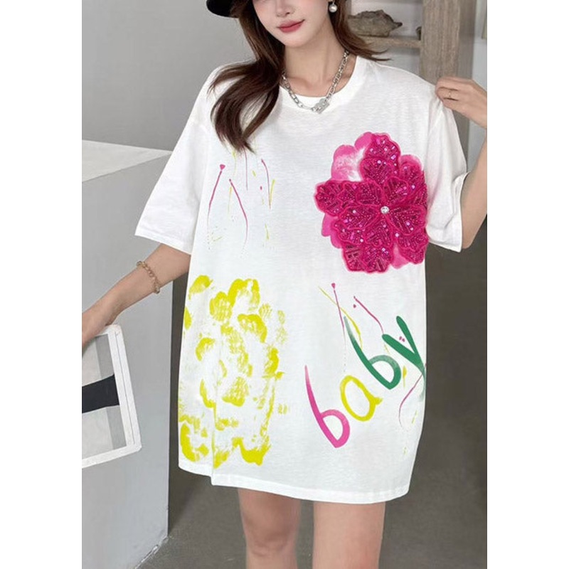 DIY White Oversized Floral Decorated Cotton Tank Tops Summer