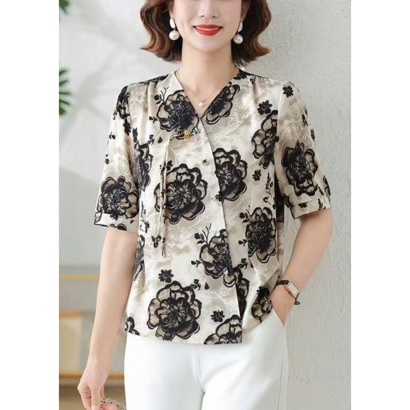 Elegant Black Tasseled Print Silk Shirts Summer