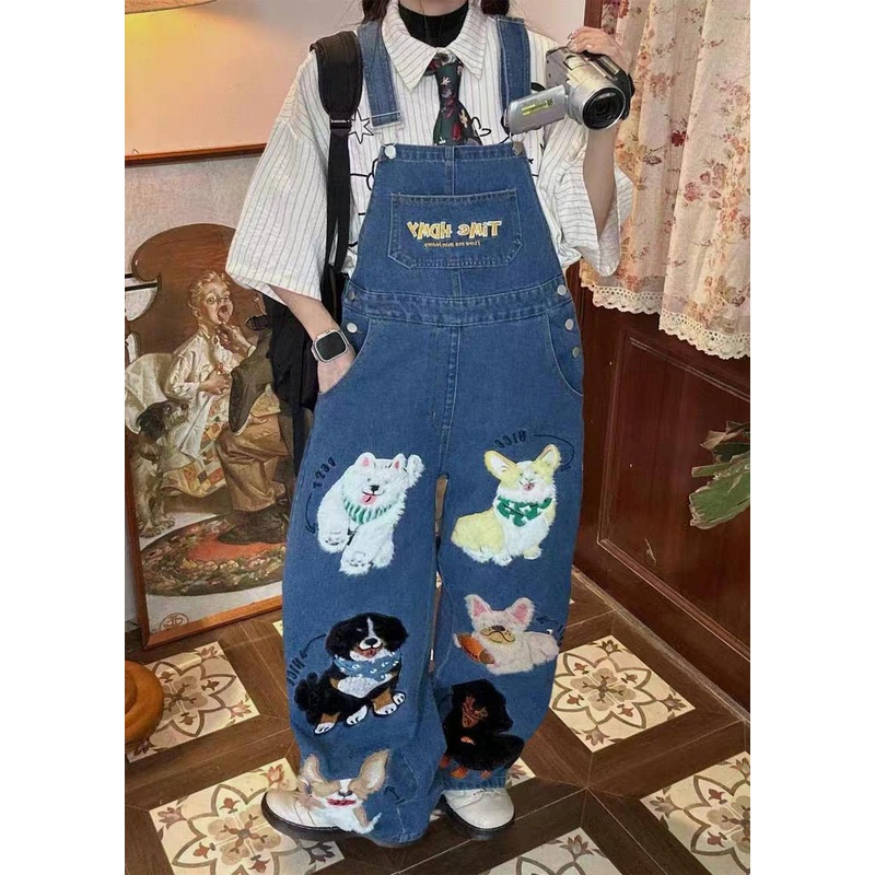 Fitted Blue Oversized Cute Animals Denim Jumpsuit Summer