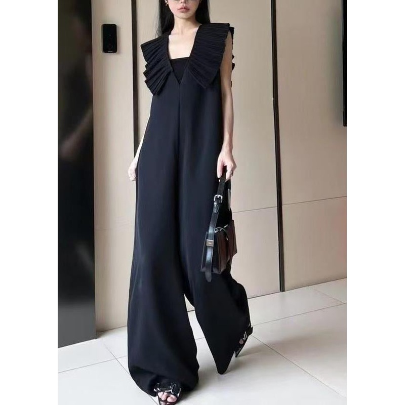 Natural Black V Neck Wrinkled Spandex Straight Jumpsuit Summer