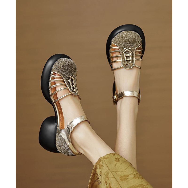 Stylish Apricot Hollow Out Splicing Chunky Heel Sandals