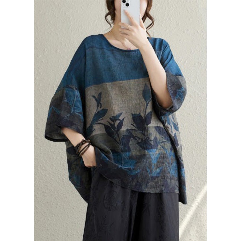 Vintage Navy Oversized Print Linen Tanks Summer