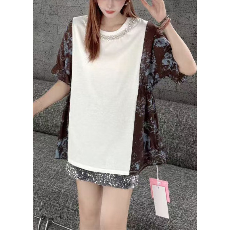 White Patchwork Cotton Tanks Oversized Zircon Summer