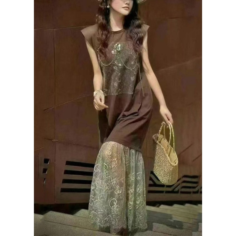 Women Brown Backless Patchwork Lace Straight  Dresses Sleeveless