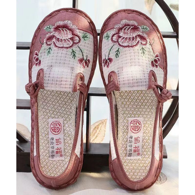 Women Embroidered Flat Feet Shoes Red Breathable Mesh