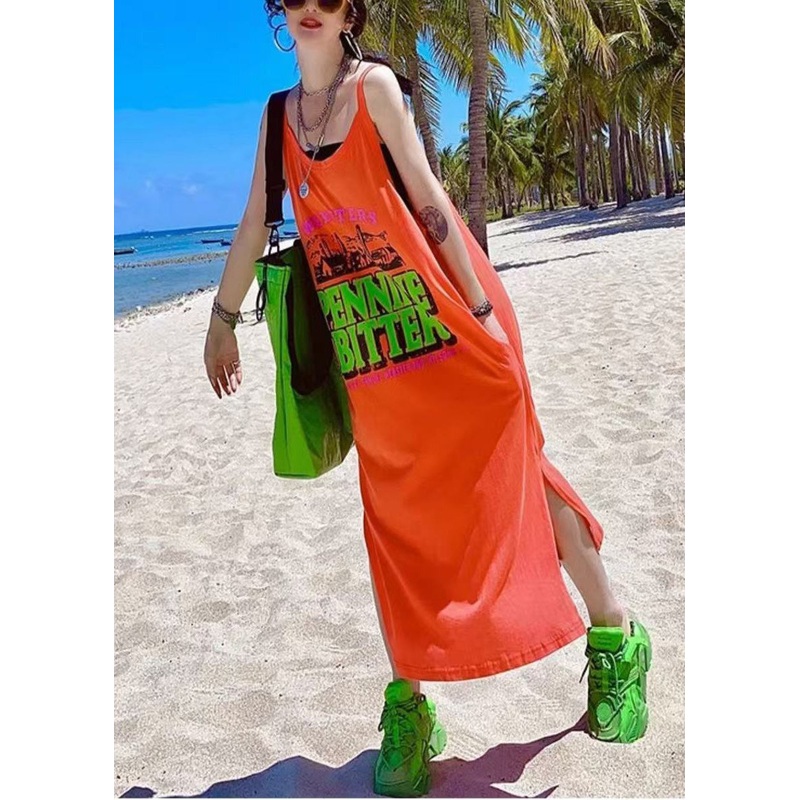 Women Orange Oversized Print Cotton Vacation Sundresses Summer