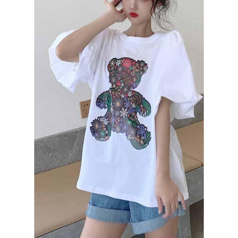 Women White Bear Print Cotton Tank Tops Puff Sleeve