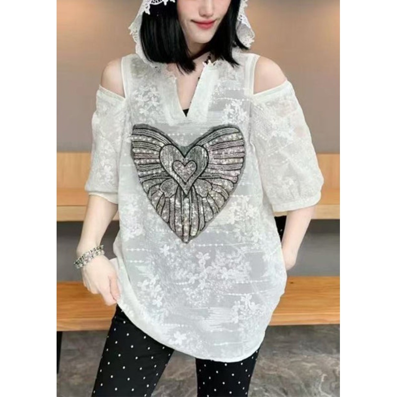 Women White Cold Shoulder Jacquard Cotton Hoodie Tops Summer