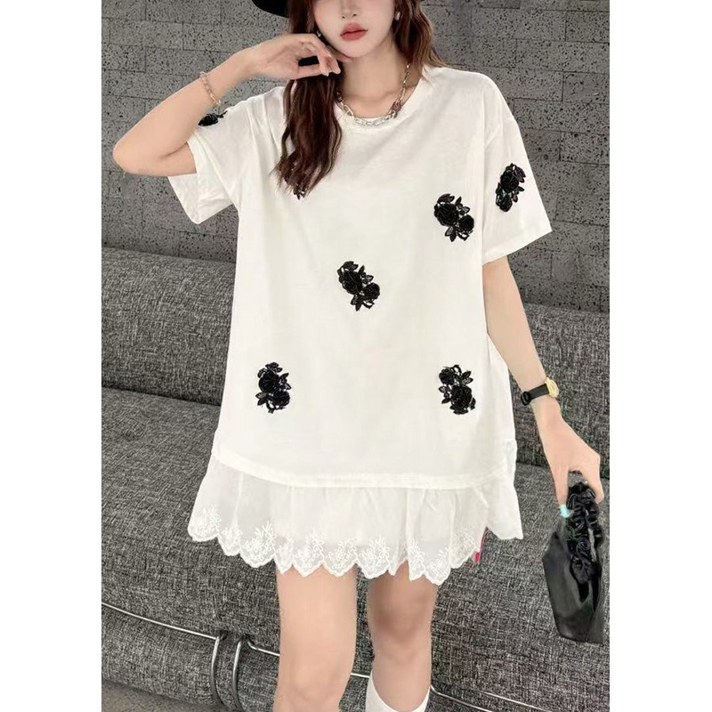 Women White Flower Decorated  Oversized Patchwork Lace Tanks Summer