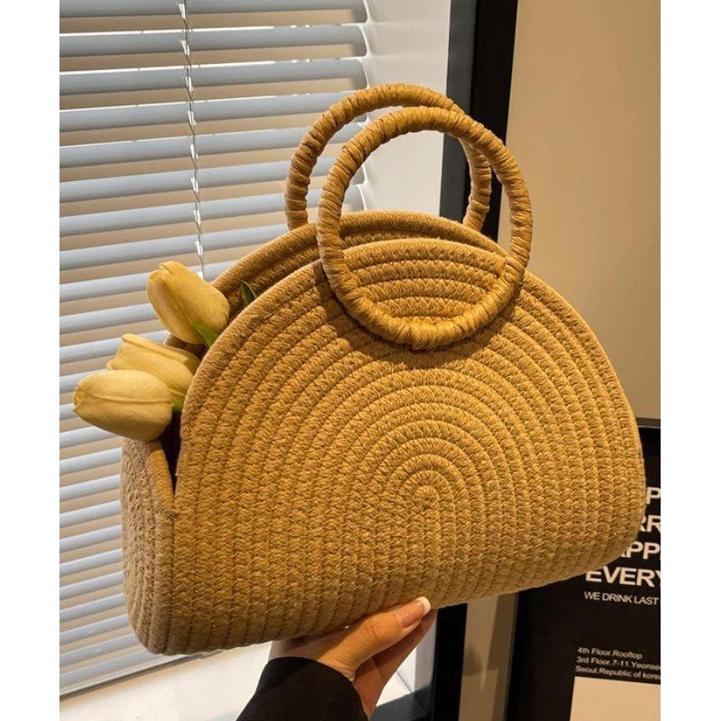 2025 New Khaki Straw Woven Versatile Tote Handbag