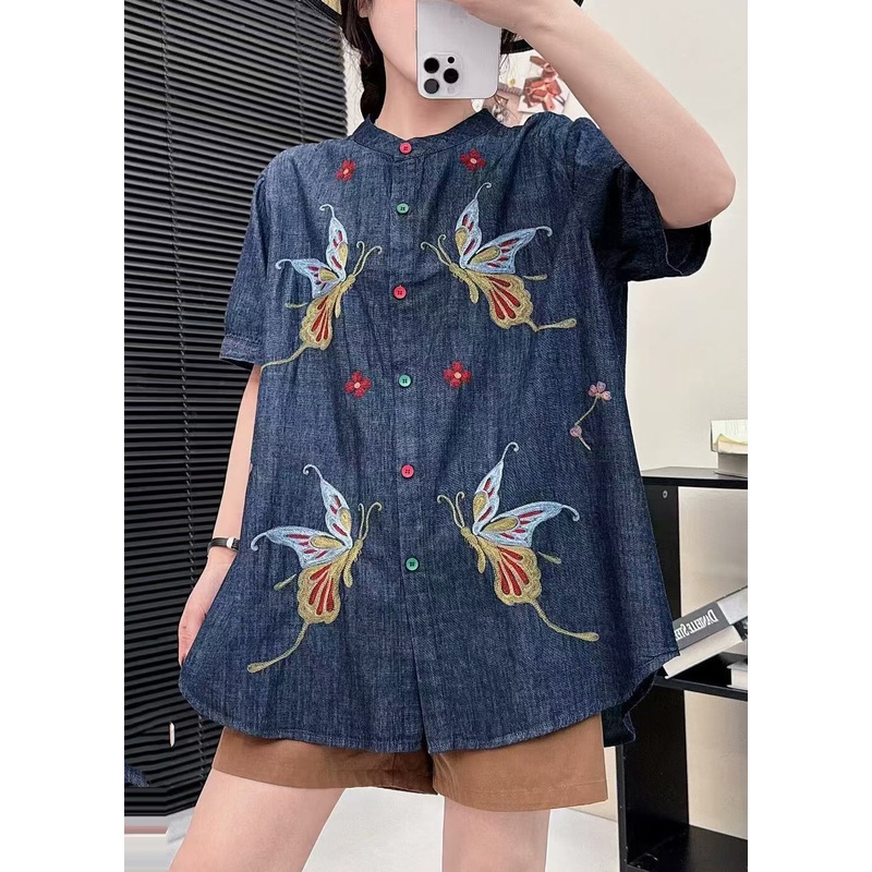 Art Navy Embroidered Butterfly Denim Shirts Summer