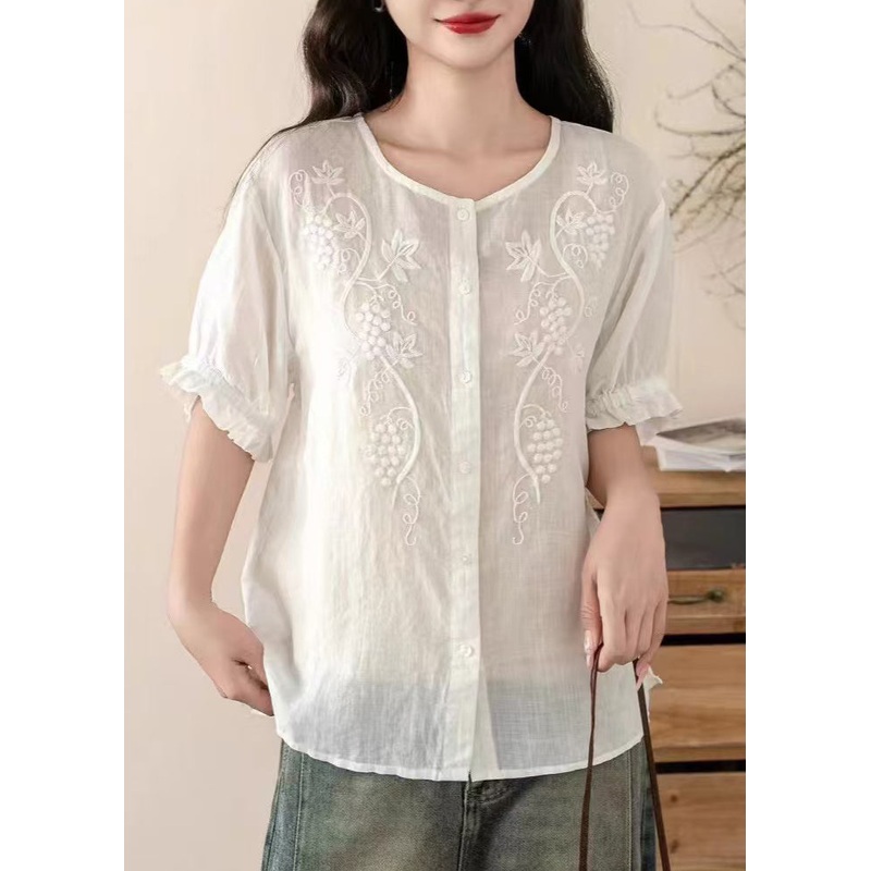 Art White Embroidered O-Neck Cotton Shirt Top Summer