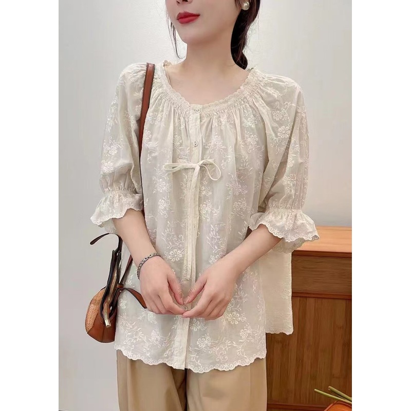 Beige Cotton Shirts Embroidered Lace Up Summer