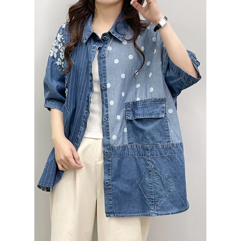Blue Patchwork Denim Blouses Asymmetrical Summer