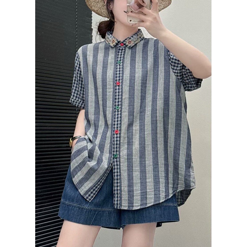 Blue Striped Linen Shirt Top Embroidered Summer