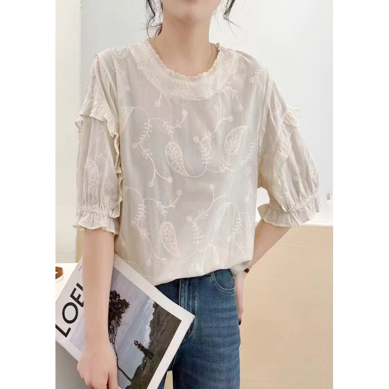 Bohemian Beige Embroideried Cotton Tanks Summer