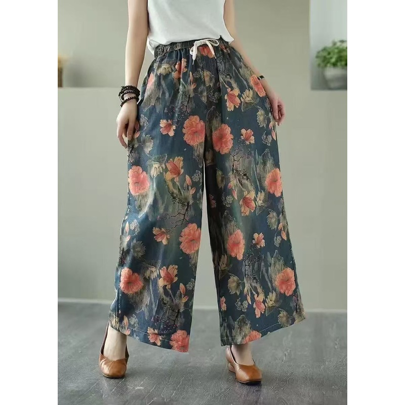 Bohemian Oversized Floral Print Denim Wide Leg Pants Summer