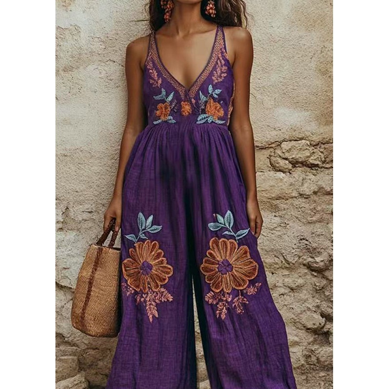 Bohemian Purple Print Wrinkled Wide Leg Jumpsuit Summer