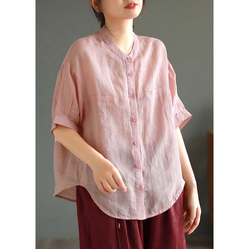Boho Pink Oversized Linen Shirt Tops Summer