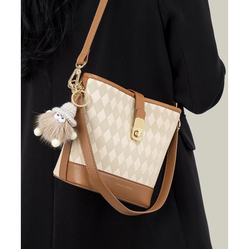 Boutique Khaki Calf Leather Large Capacity Bucket Bag