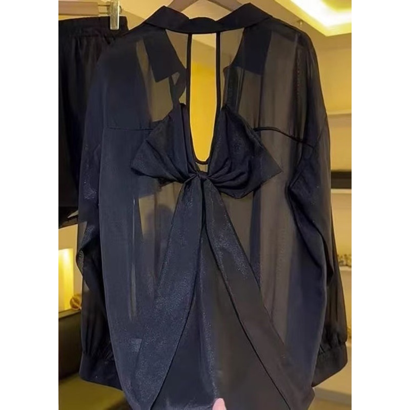 Casual Black Bow Backless Chiffon Sheer Blouses Summer