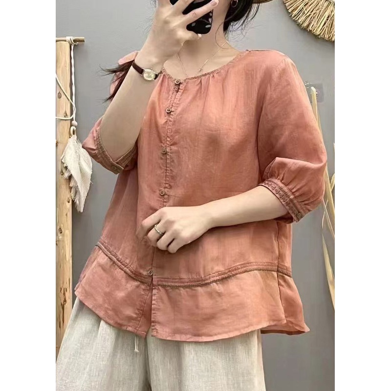 Casual Brick Red Embroidered Patchwork Cotton Blouse Tops Summer