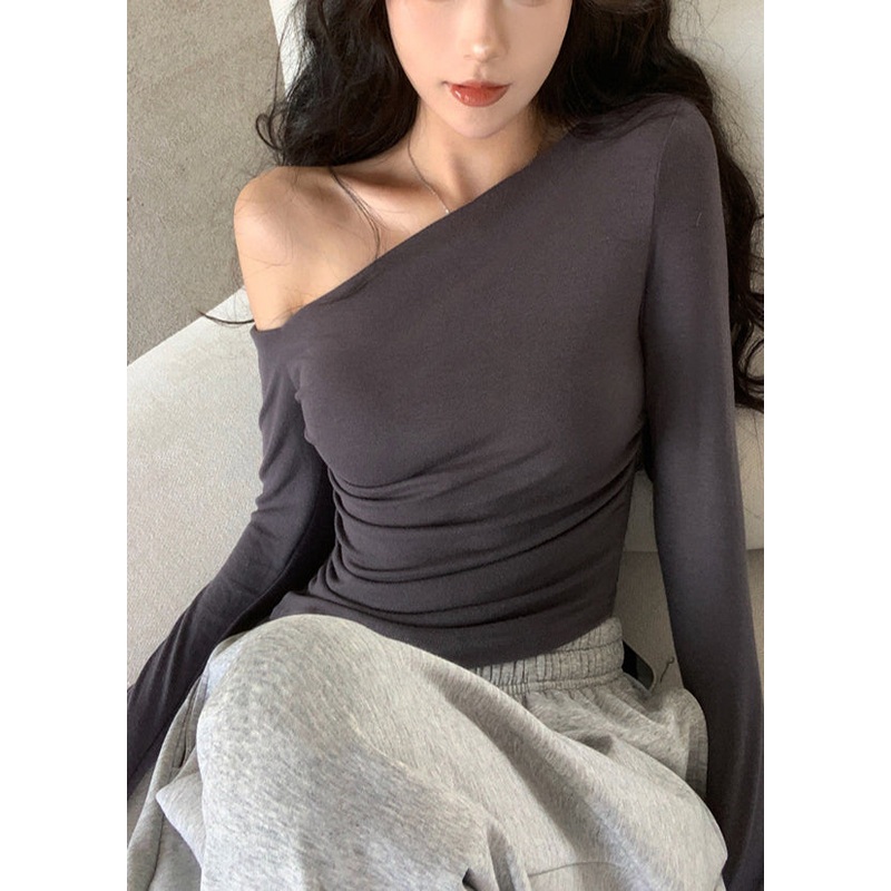 Casual Grey Cold Shoulder Cotton Top Fall
