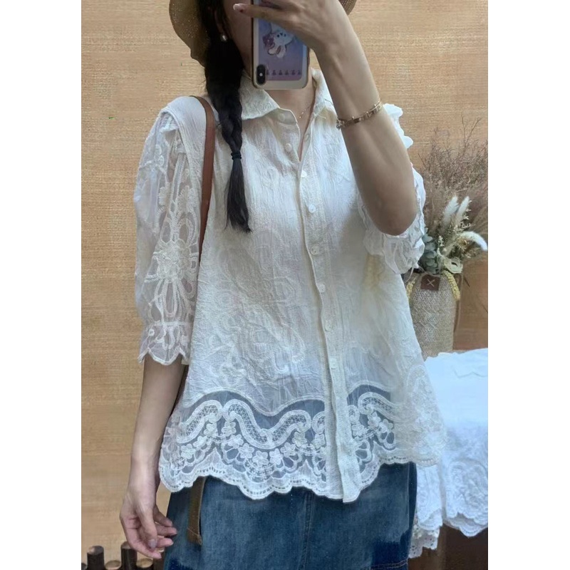 Casual White Embroidered Cotton Top Half Sleeve