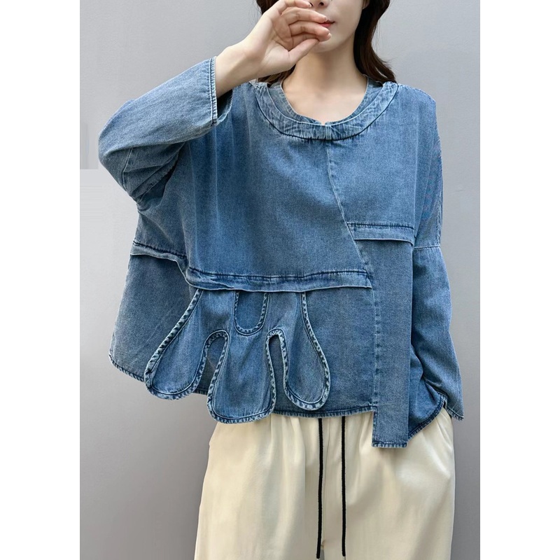 Chic Blue Asymmetrical Patchwork Denim Shirt Tops Fall