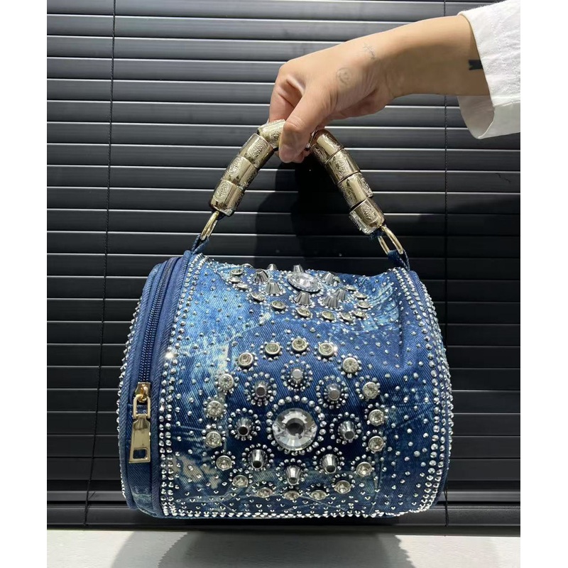 Chic Blue Rivet Zircon Denim Tote Handbag