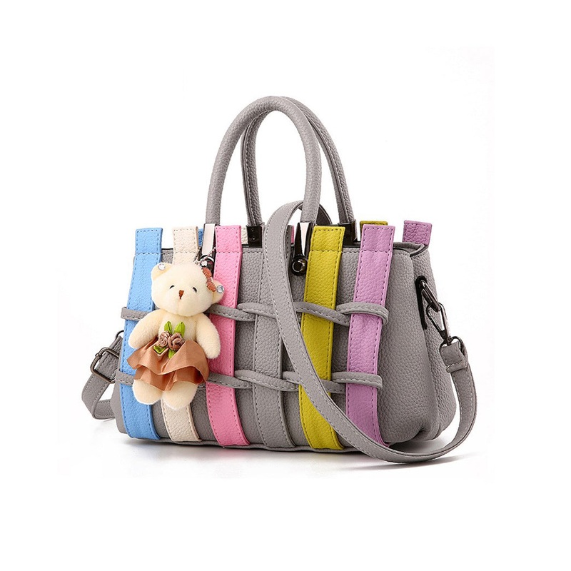 Chic Grey Patchwork Faux Leather Tote Handbag
