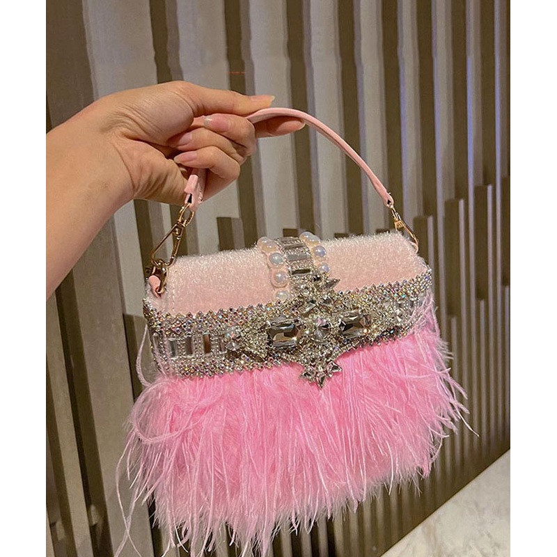 Chic Pink Tassel Zircon Nail Bead Banquet Tote Handbag