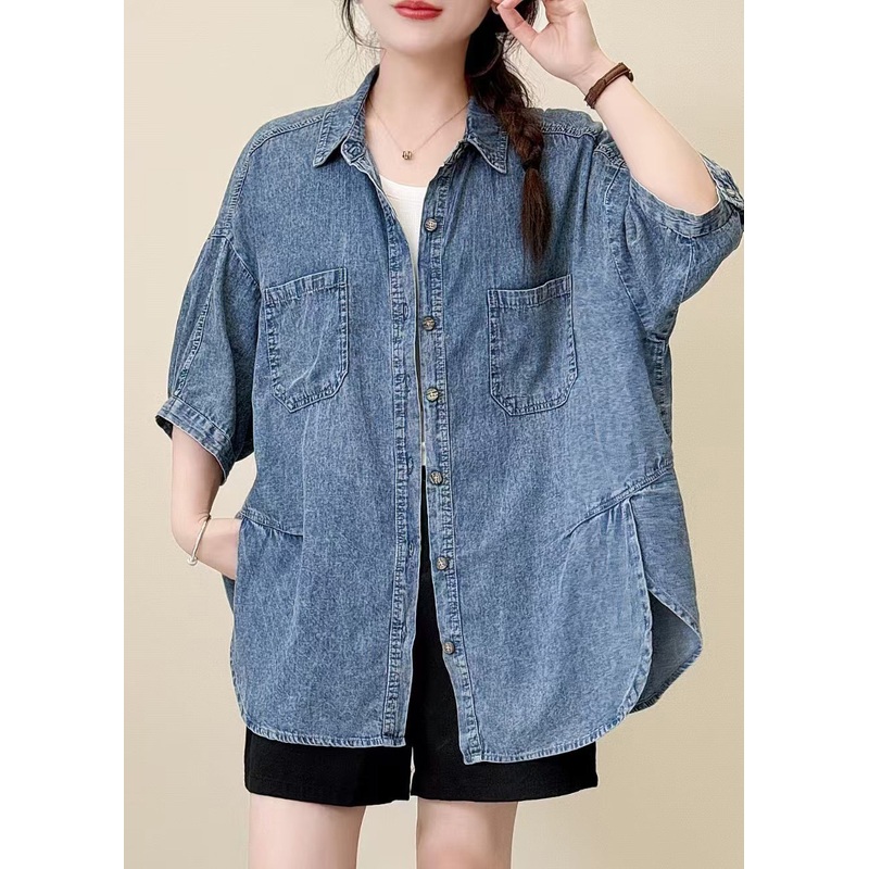 Classy Blue Oversized Side Open Denim Shirt Top Summer
