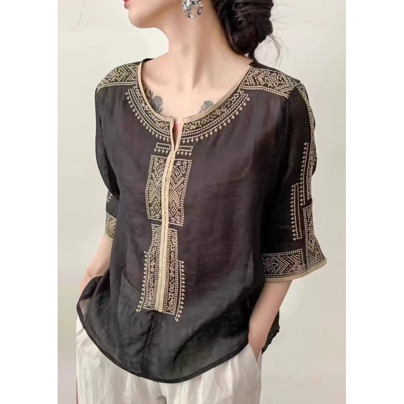Classy Brown Embroidered Linen Top Half Sleeve