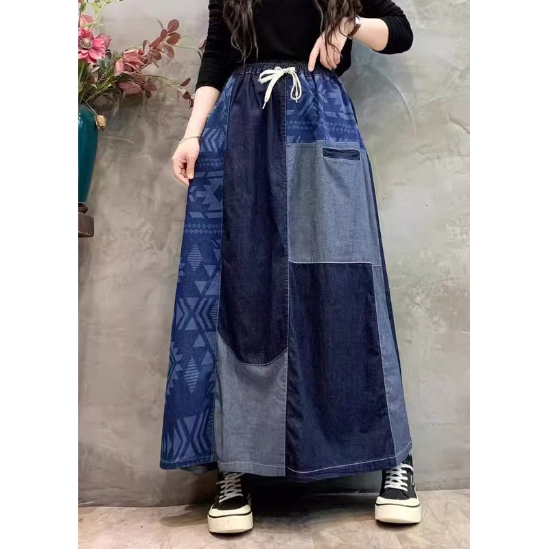 DIY Navy Asymmetrical Patchwork Denim Skirt Summer