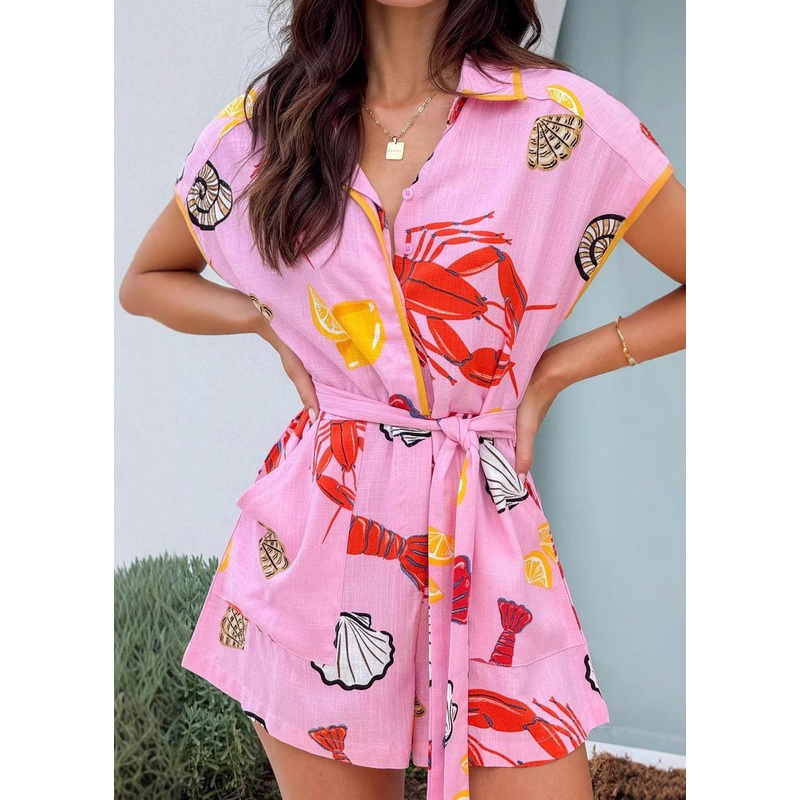 Elegant Pink Peter Pan Collar Print Tie Waist Jumpsuit Summer