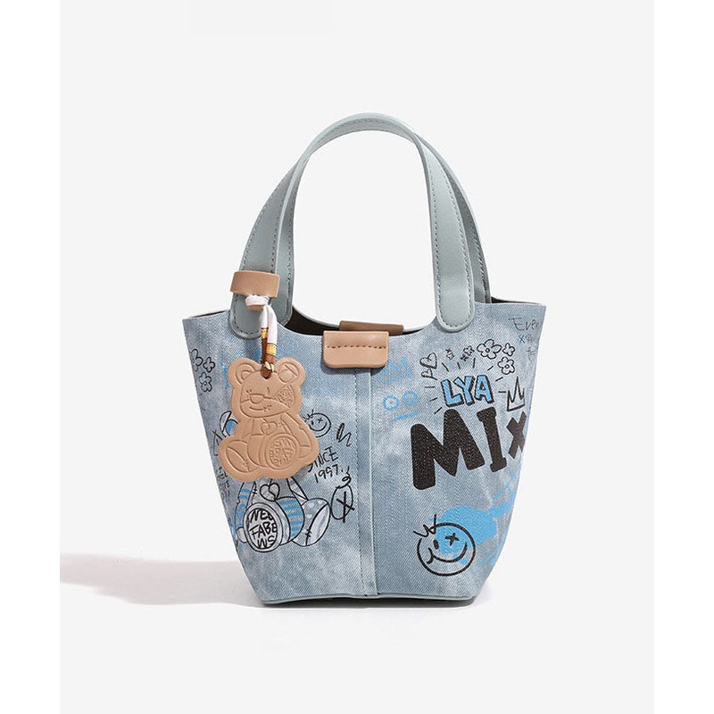 Fashion Blue Print Patchwork Denim Bucket Bag