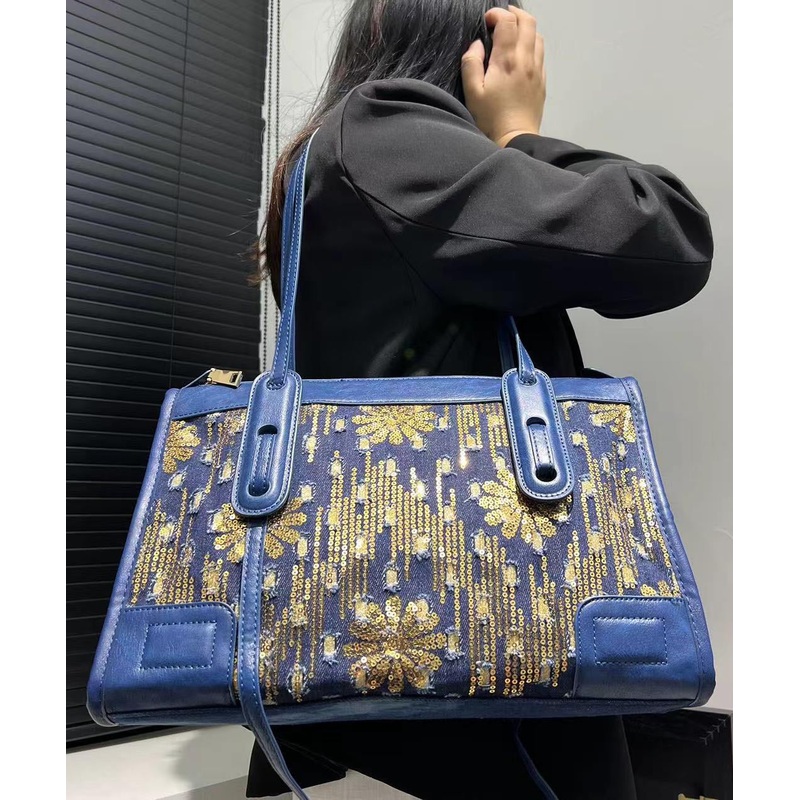 Fashion Blue Sequins Patchwork Denim Shoulder Bags