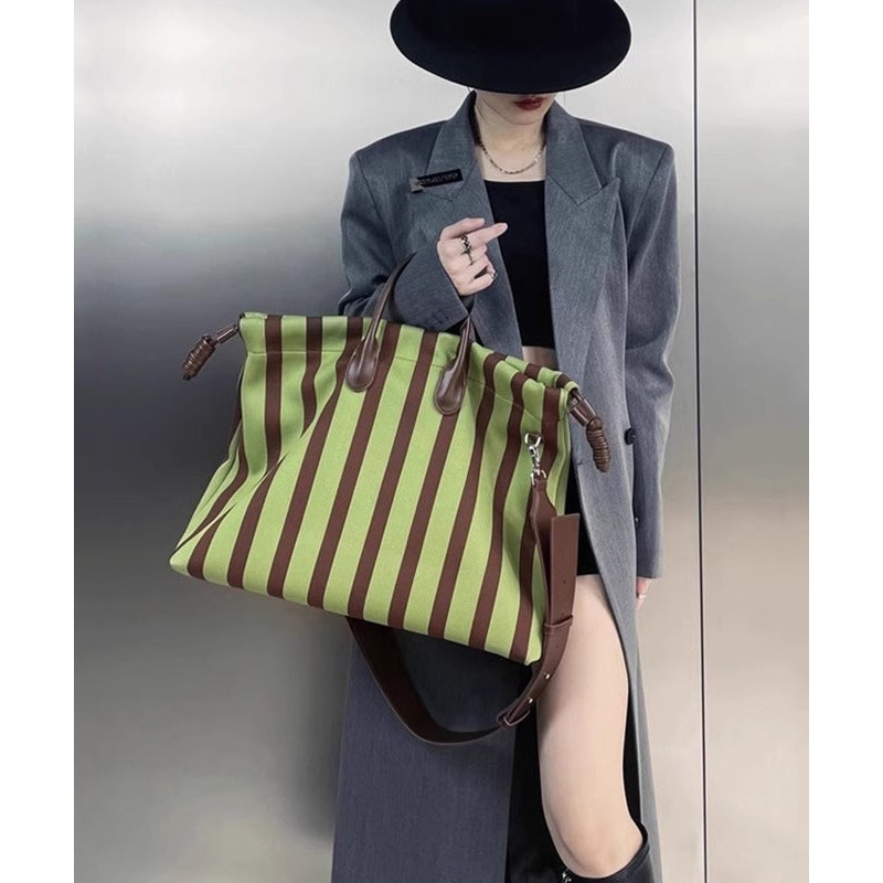 Fashion Green Striped Large Capacity Faux Leather Shoulder Bags