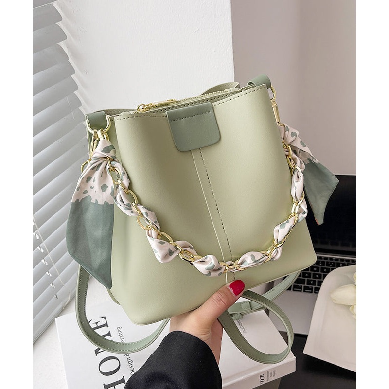 French Green Calf Leather Chain Linked Bucket Bag