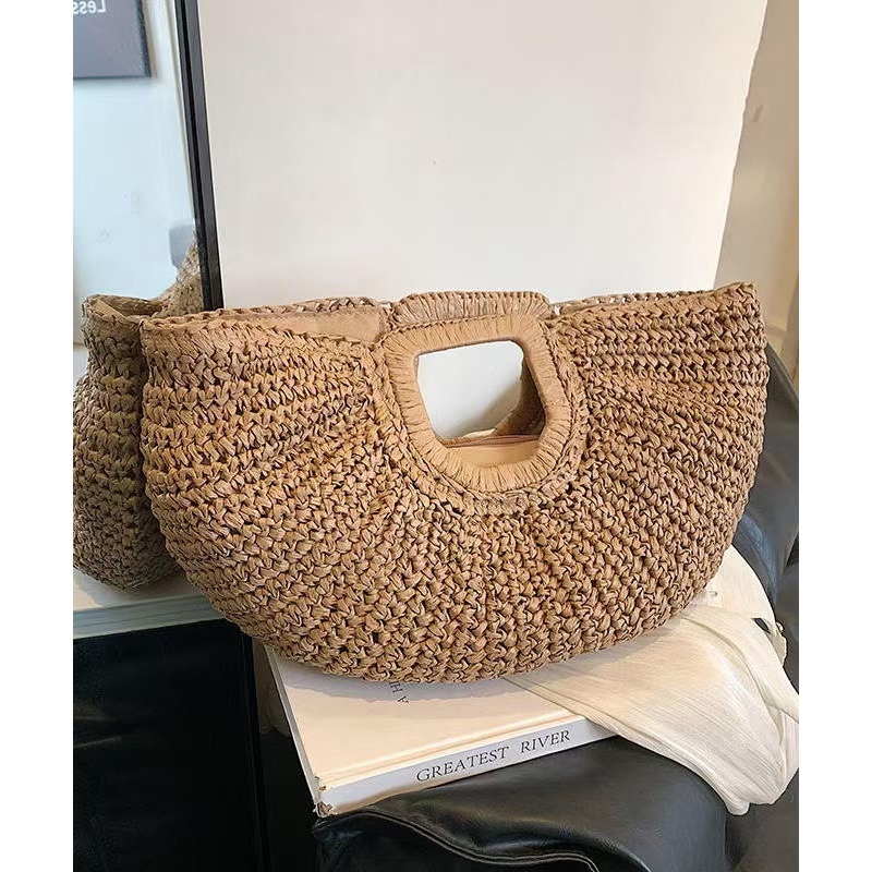 Hot Selling Vacation Style Khaki Straw Woven Tote Handbag