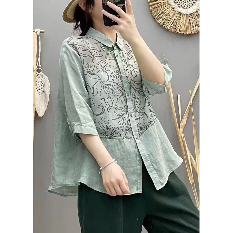 Lake Blue Patchwork Linen Tops Print Half Sleeve