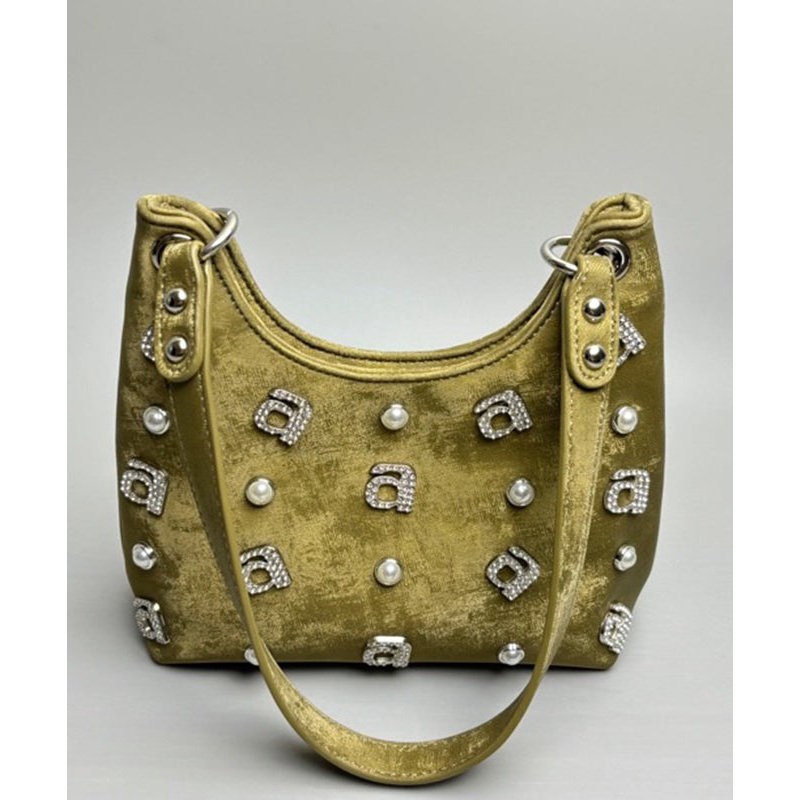 New Retro Green Satin Letter Zircon Shoulder Bag