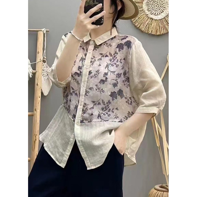 Plus Size Apricot Print Patchwork Linen Blouse Top Summer