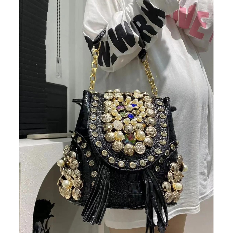 Style Black Versatile Faux Leather Zircon Shoulder Bags