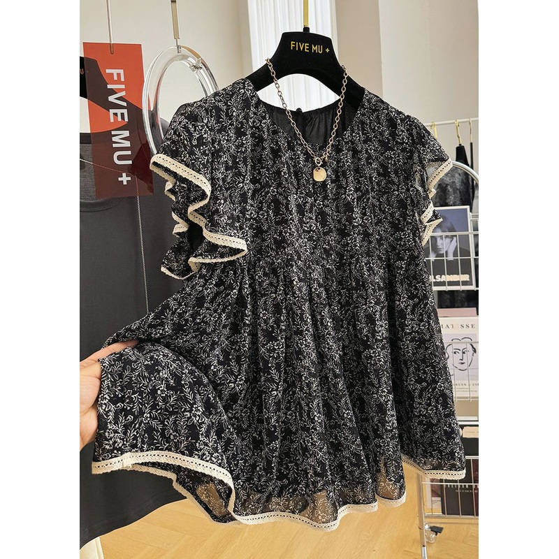 Stylish Black Print Chiffon Tanks Butterfly Sleeve